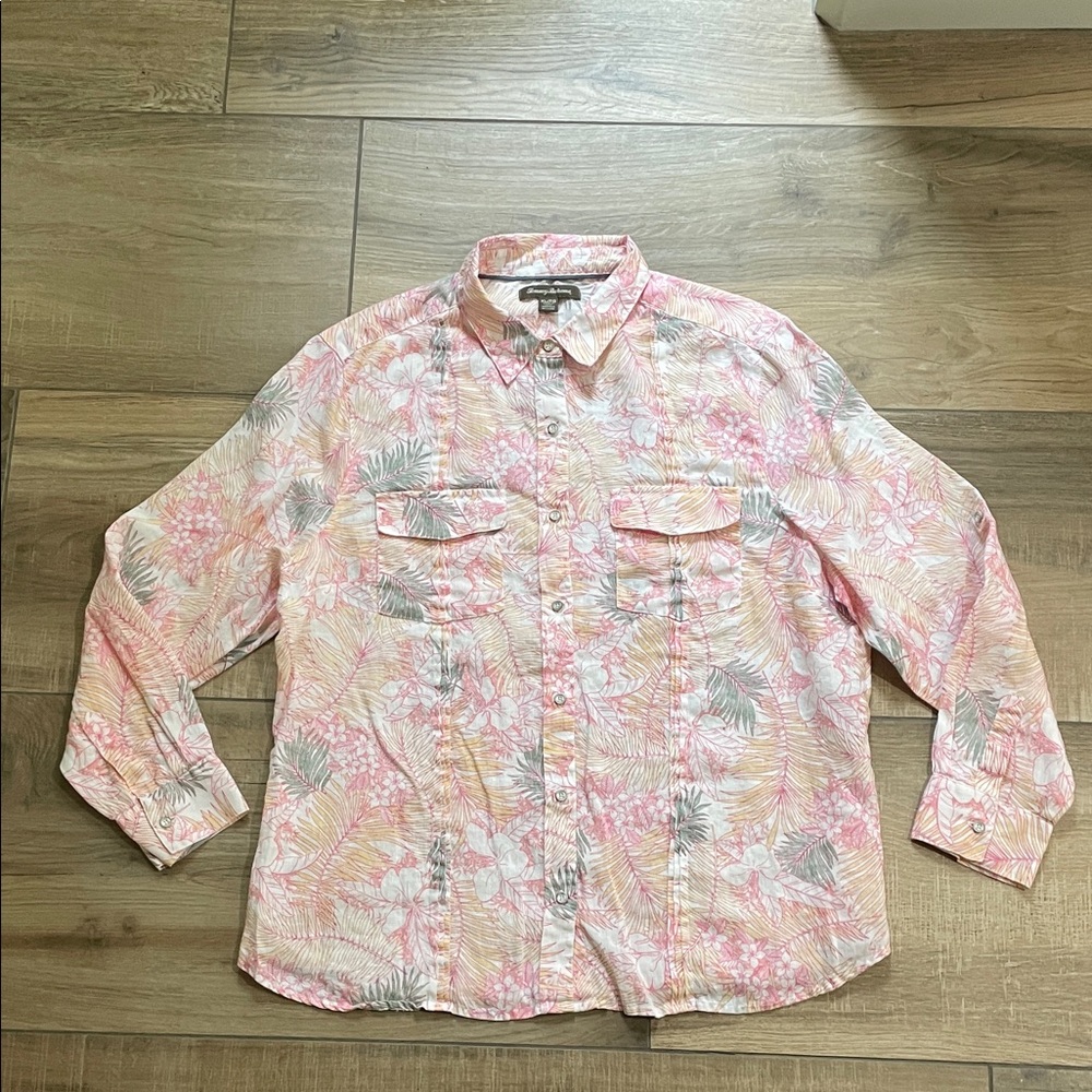 Tommy Bahama Linen Shirt Womens XL  Pink Yellow Floral Button-Down Rolltab Shirt